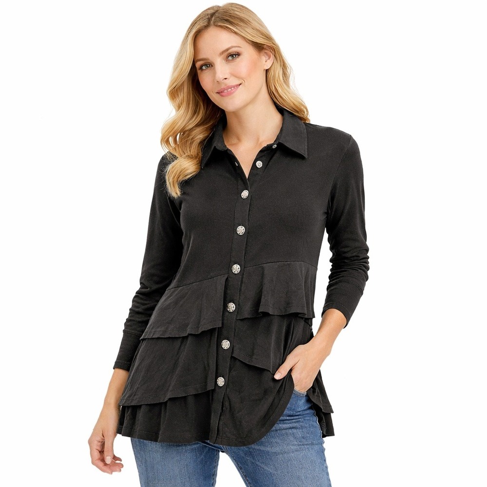 Neon Buddha On Demand Black Tiered Ruffle Button Shirt Size S NWT‎